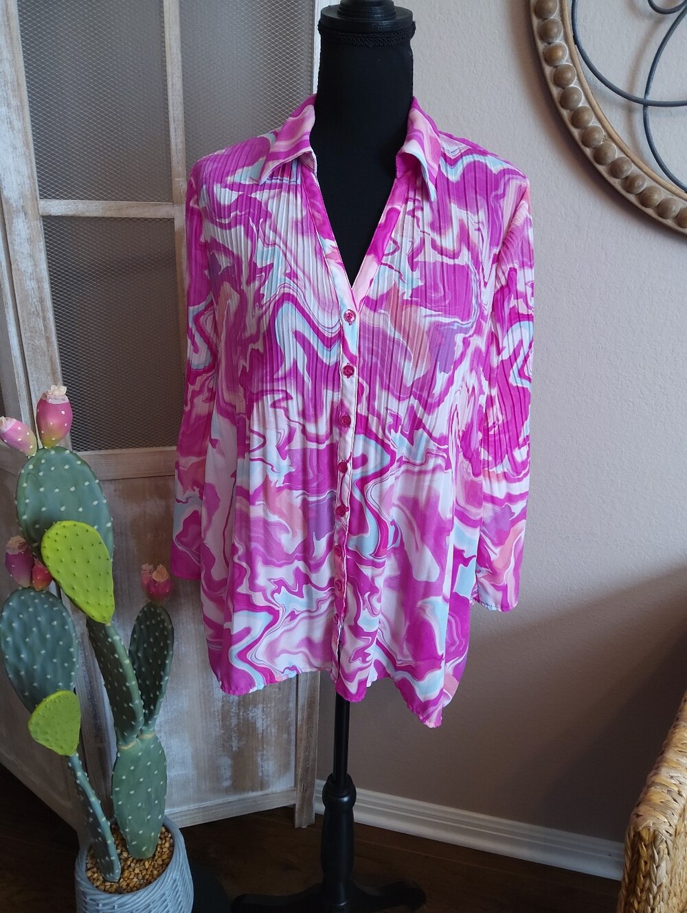 Sunny Leigh Pink Marble-Print Button Down Shirt